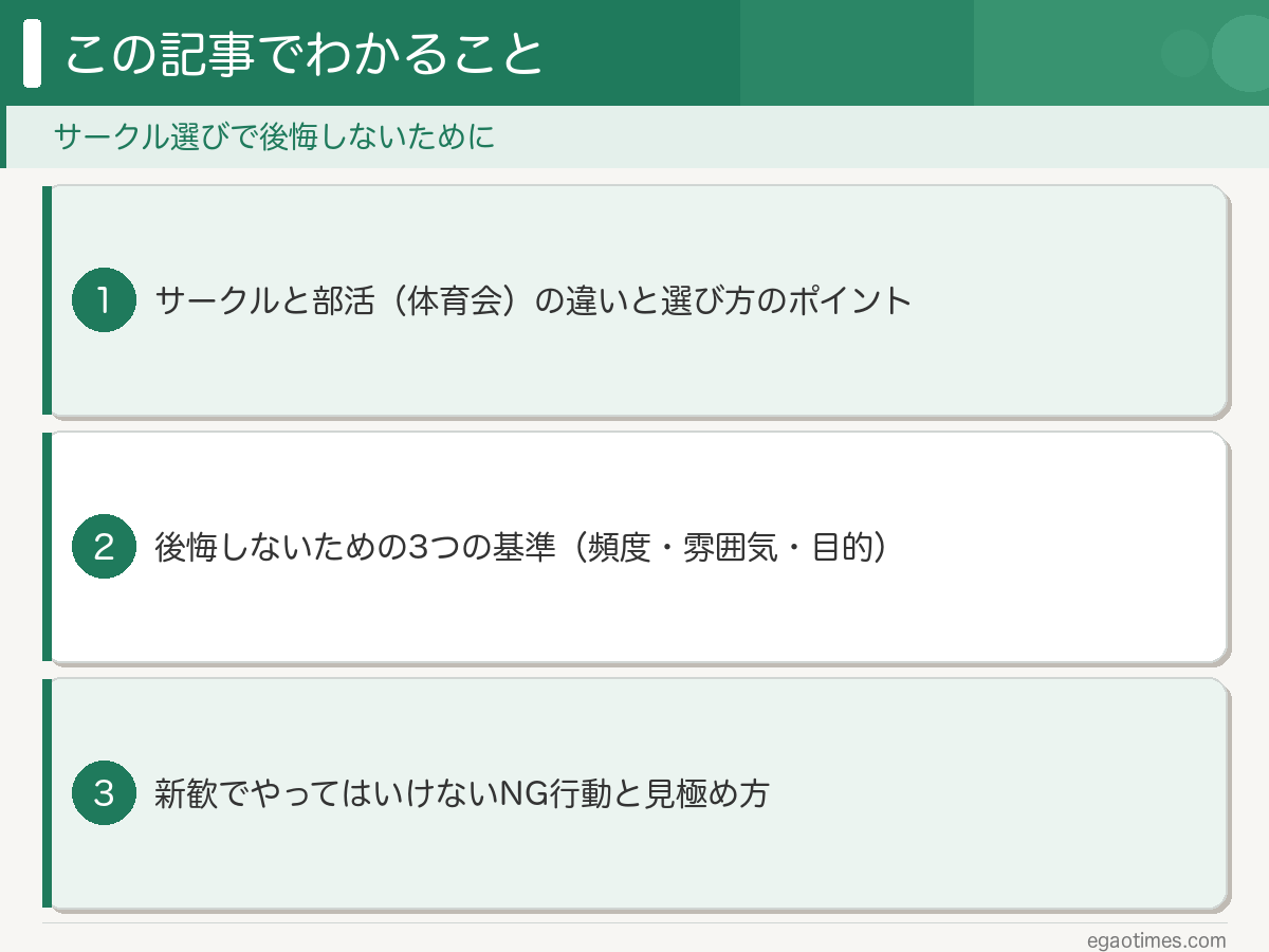 この記事でわかること — サークルvs部活・3つの基準・新歓の落とし穴