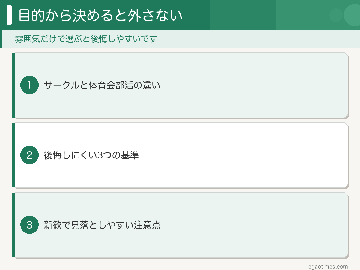 サークルと部活の違い・後悔しにくい3つの基準・新歓の注意点をまとめた図解