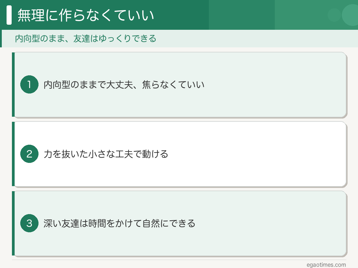内向型のままで友達はゆっくりできると伝える図解