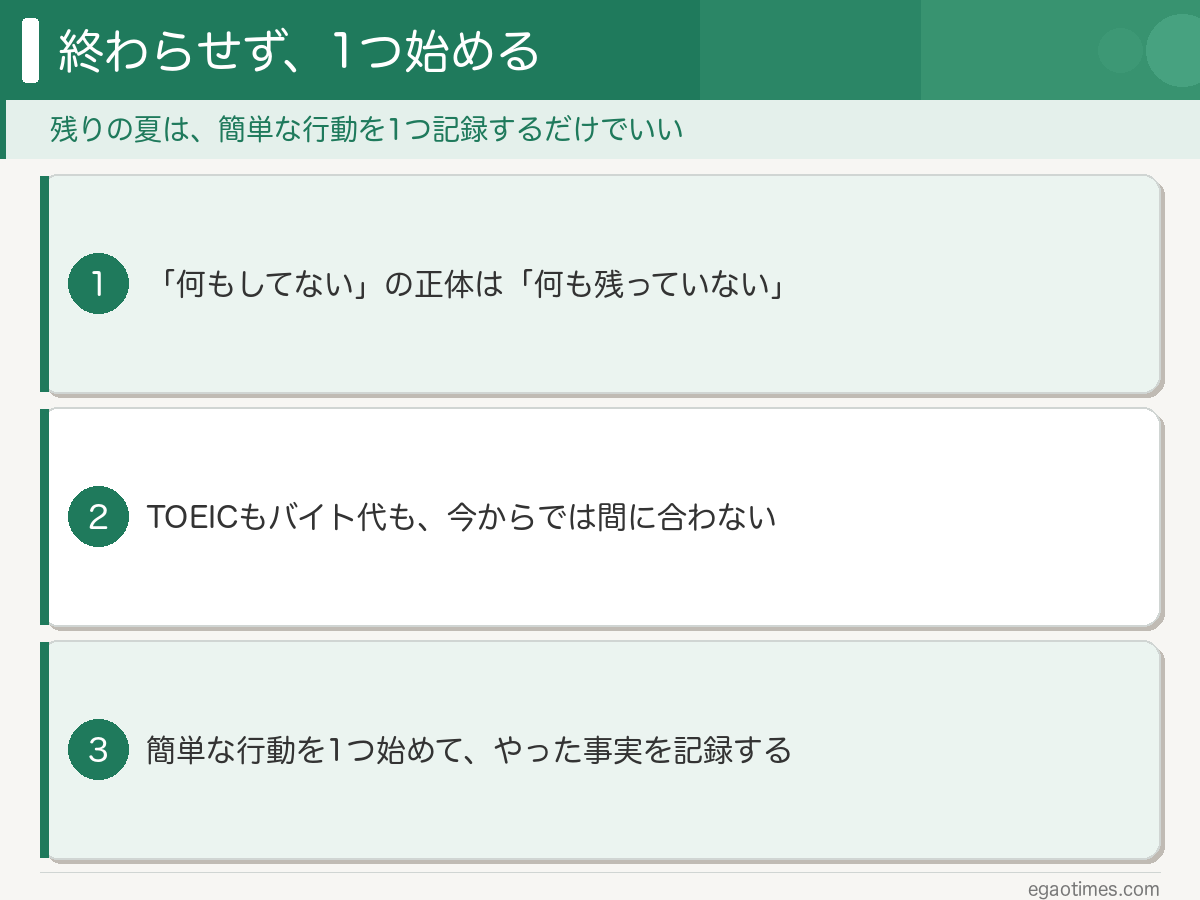 夏休みに何もしていないと焦る大学生に向けて、記事の要点を3つにまとめた図解